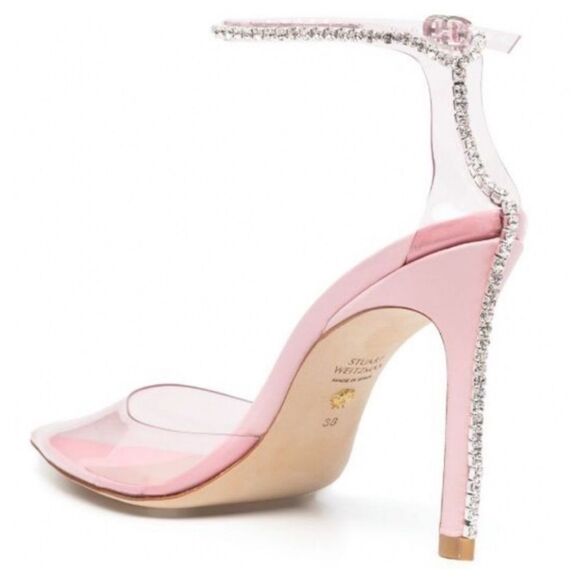 Stuart Weitzman Pink Clear Heels with Rhinestone Strap, US8,5 - Picture 3 of 12